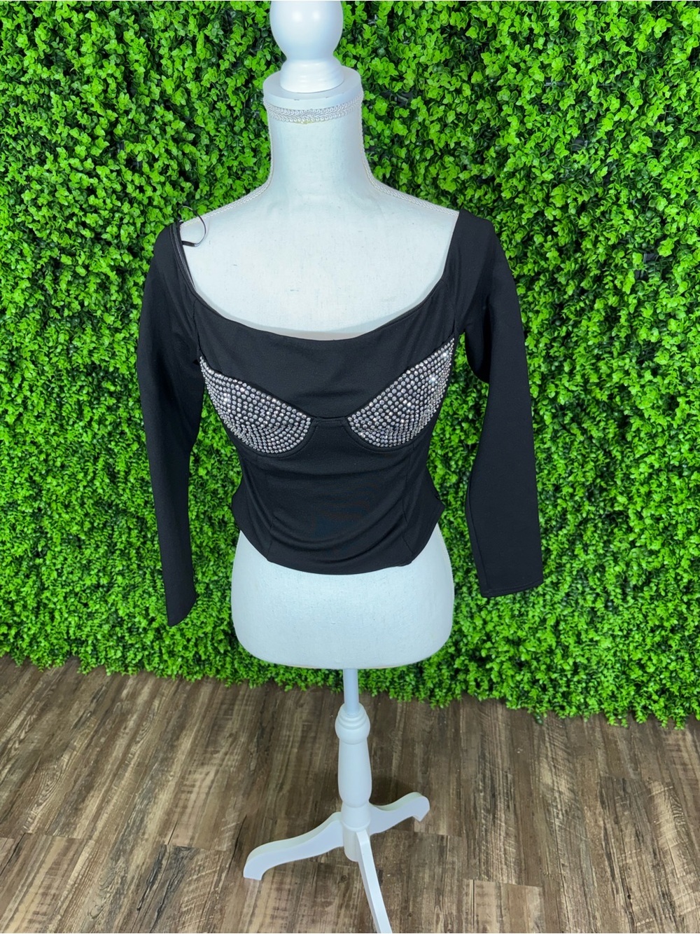 Forever 21 Black Long Sleeve Rhinestone Bust Top